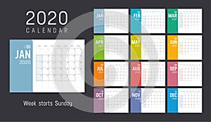 Colorful 2020 horizontal monthly calendar photo