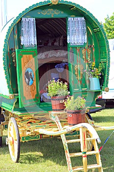 Colorful horse drawn caravan.