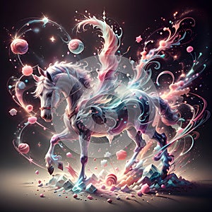 Colorful horse in wave with candy and lolipop. Sweet background