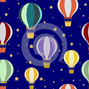 Colorful hot air ballon flat illustration on golden star night background