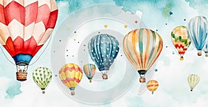 A colorful hot air balloon with a blue and white stripe is flying in the sky