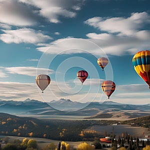 A colorful hot air balloon festival in a clear blue sky with clouds and mountains2