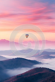 Colorful hot air balloon flying early in the morning over the mountain. Scenic sunrise or sunset view