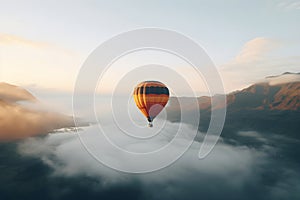 Colorful hot air balloon flying early in the morning over the mountain. Scenic sunrise or sunset view