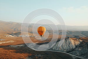 Colorful hot air balloon flying early in the morning over the mountain. Scenic sunrise or sunset view