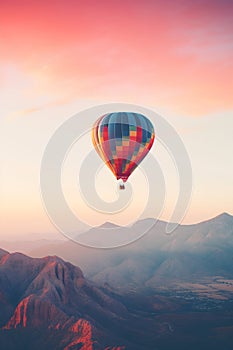 Colorful hot air balloon flying early in the morning over the mountain. Scenic sunrise or sunset view