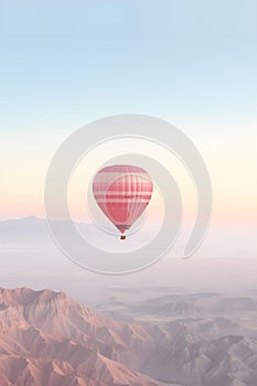 Colorful hot air balloon flying early in the morning over the mountain. Scenic sunrise or sunset view