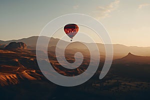 Colorful hot air balloon flying early in the morning over the mountain. Scenic sunrise or sunset view