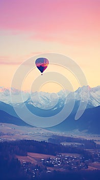 Colorful hot air balloon flying early in the morning over the mountain. Scenic sunrise or sunset view