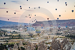 Colorful hot air balloon flying over Cappadocia, Turkey