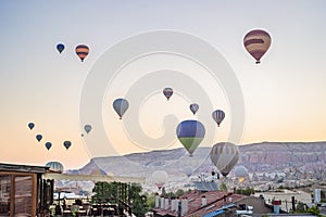 Colorful hot air balloon flying over Cappadocia, Turkey