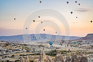 Colorful hot air balloon flying over Cappadocia, Turkey