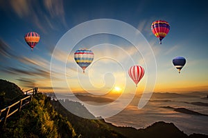 Colorful hot-air balloon flying over the mountain