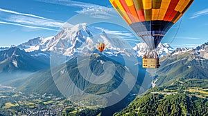 a colorful hot air balloon gliding gracefully over the breathtaking French Alps, as passengers inside the wicker basket