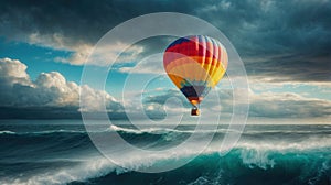 colorful hot air balloon in the sky flying over an ocean with large stormy waves