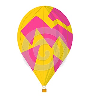 Colorful hot air balloon on white background. Geometric pattern design in pink and yellow shades. Adventure and travel