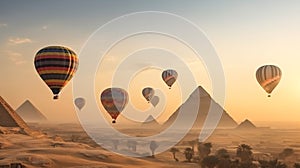 Colorful Hot Air Balloons Above The Egyptian Pyramids in Giza, Egypt - Generative AI