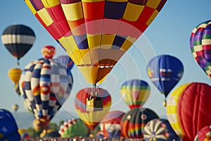 colorful hot air balloons. Colorful hot air balloons flying. A colorful hot air balloon festival, with balloons ascending into a