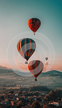 Colorful hot air balloons drifting peacefully over picturesque mountain landscape