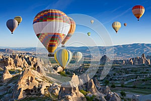 Colorful hot air balloons fly in blue sky over amazing rocky valley in Cappadocia, Turkey