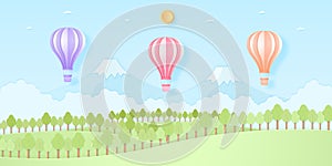 Colorful hot air balloons flying above mountain, Nature hill and trees with sun and blue sky,paper art style
