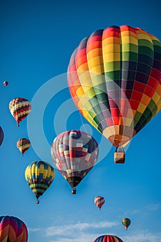 Colorful hot air balloons flying in blue sky. 3D rendering