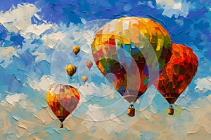 Colorful hot air balloons flying in the blue sky. Digital painting.