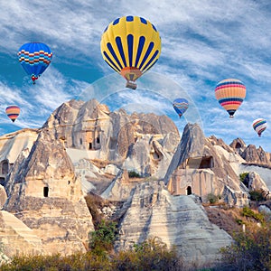 Colorful hot air balloons flying over Cappadocia, Turkey