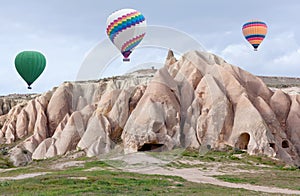 Colorful hot air balloons flying over Cappadocia, Turkey