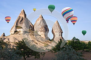 Colorful hot air balloons flying over Cappadocia, Turkey