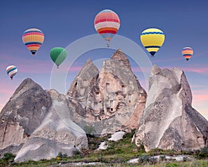 Colorful hot air balloons flying over Cappadocia, Turkey