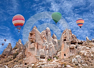 Colorful hot air balloons flying over Cappadocia, Turkey