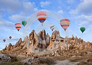 Colorful hot air balloons flying over Cappadocia, Turkey