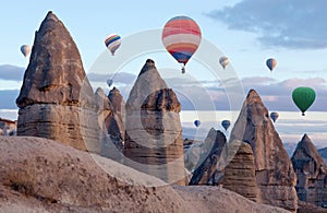 Colorful hot air balloons flying over Cappadocia, Turkey