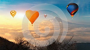 Colorful hot-air balloons flying over the mountain, Colorful hot air balloons flying over mount fuji at lake Kawaguchi,Yamanashi,