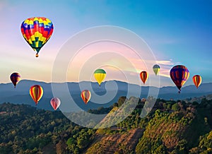 Colorful hot air balloons flying over mountain at Dot Inthanon. Generative AI