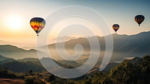 Colorful hot air balloons flying over mountain at Dot Inthanon, Thailand, generative ai