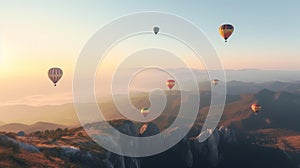 Colorful hot air balloons flying over mountain