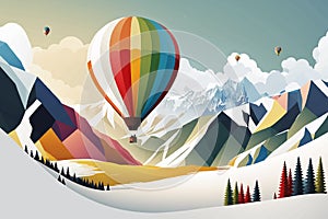 Colorful hot air balloons flying over mountain or landscape. Vector illustration