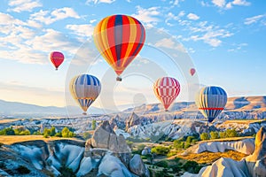 Colorful hot air balloons flying over rock landscape at Cappadocia Turkey