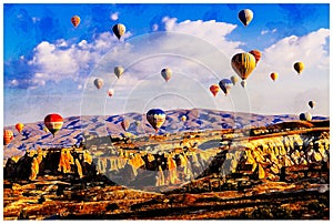 Colorful hot air balloons flying over the valley at Cappadocia, Anatolia, Turkey