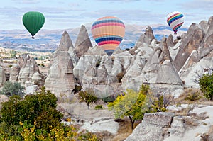 Colorful hot air balloons flying over Cappadocia, Turkey