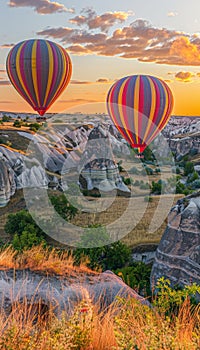 Colorful hot air balloons gracefully soaring over stunning mountainous landscape