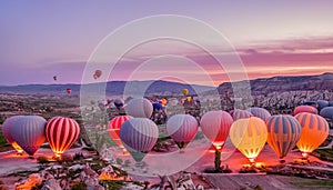 Colorful hot air balloons before launch in Goreme national park, Cappadocia, Turkey