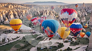 Colorful hot air balloons before launch in Goreme national park, Cappadocia, Turkey.
