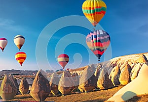 Colorful hot air balloons before launch in goreme national park cappadocia turkey. Generative AI