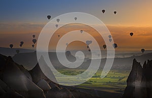 Colorful hot air balloons before launch in Goreme national park, Cappadocia, Turkey.