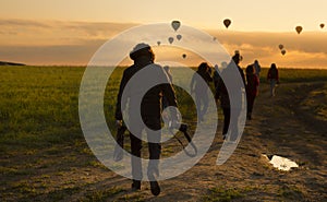 Colorful hot air balloons before launch in Goreme national park, Cappadocia, Turkey.