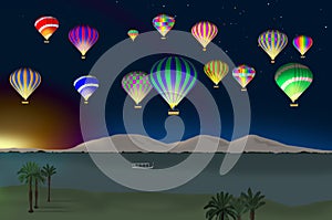 Colorful hot air balloons over scenic Nile river, sunrise