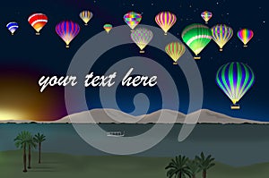 Colorful hot air balloons over scenic Nile river, sunrise, your text